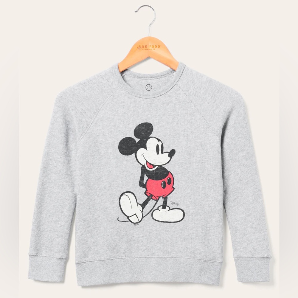 Junk Food Clothing x Disney Kids’ Mickey Raglan Fleece Heather Grey Sweatshirt—S